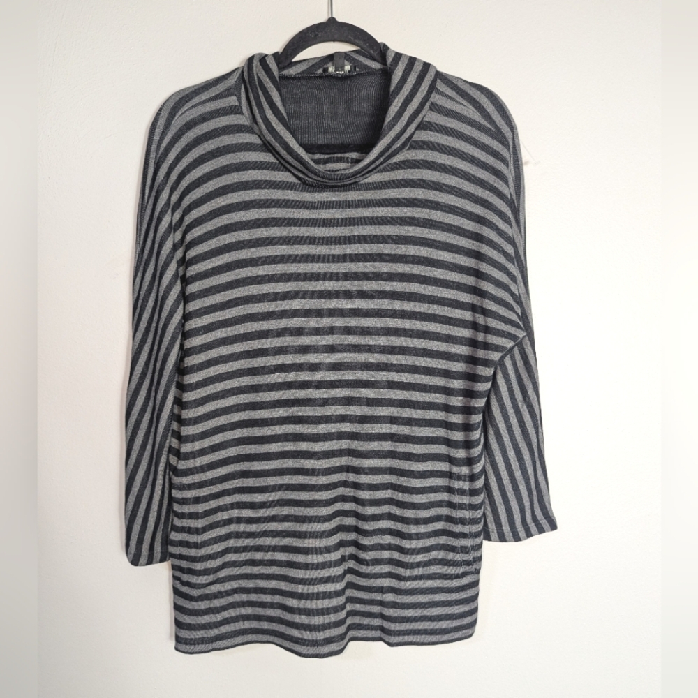 LP Talbots Petites Gray Black Striped Cowl Neck Pullover Top